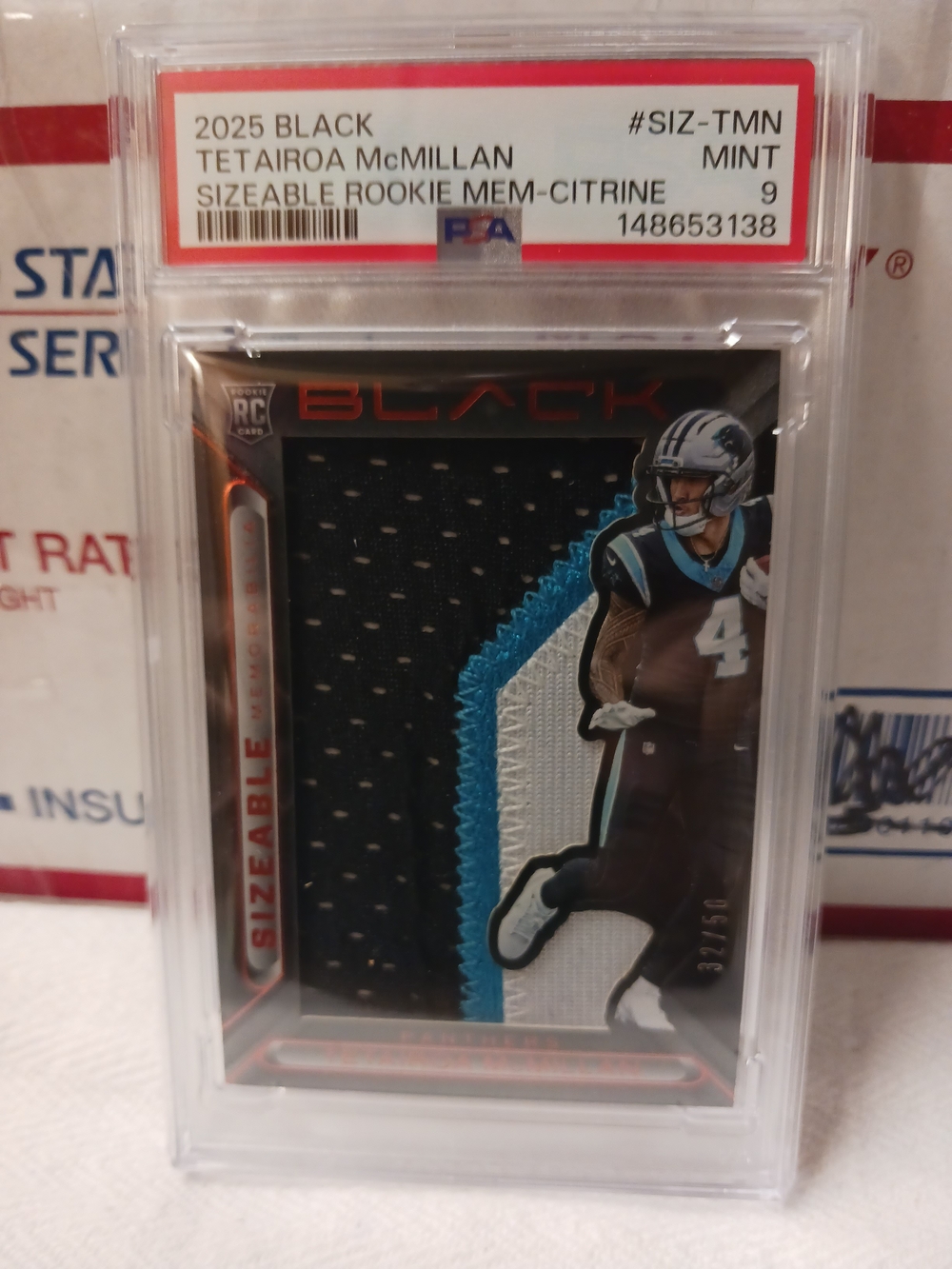 2025 PANINI BLACK TETAIROA MCMILLAM SIZEABLE ROOKIE PATCH PSA 9 32/50SSP!! NO 10